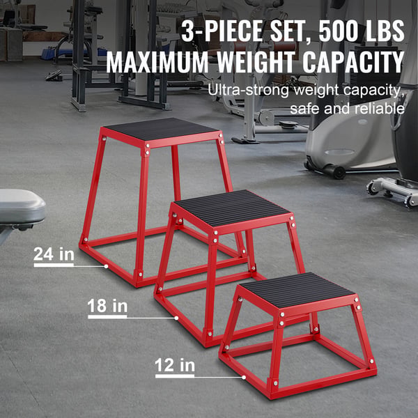 Plyometrisk hoppbox-set, 44,5x44,5x30,5 cm, 51,3x51,3x45,8 cm, 57,5x57,5x60,9 cm, Röd, Stål