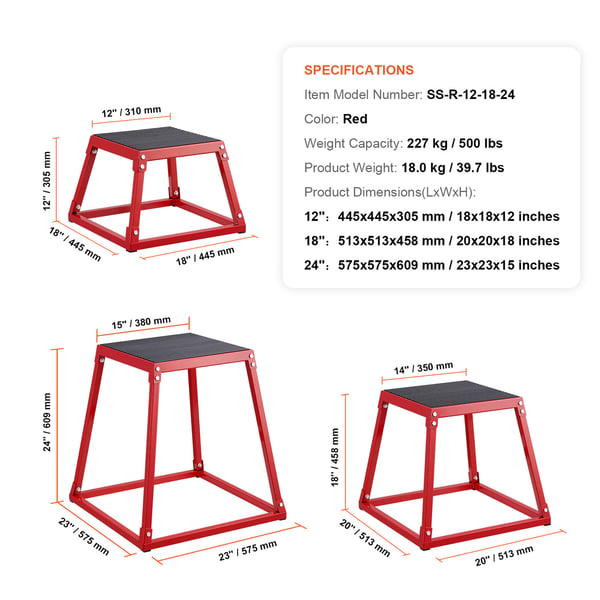 Plyometrisk hoppbox-set, 44,5x44,5x30,5 cm, 51,3x51,3x45,8 cm, 57,5x57,5x60,9 cm, Röd, Stål