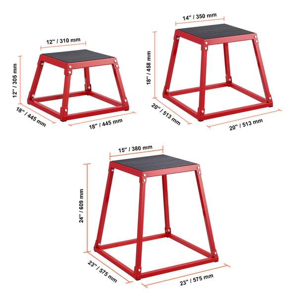 Plyometrisk hoppbox-set, 44,5x44,5x30,5 cm, 51,3x51,3x45,8 cm, 57,5x57,5x60,9 cm, Röd, Stål