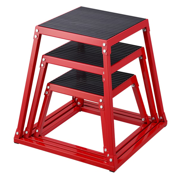 Plyometrisk hoppbox-set, 44,5x44,5x30,5 cm, 51,3x51,3x45,8 cm, 57,5x57,5x60,9 cm, Röd, Stål