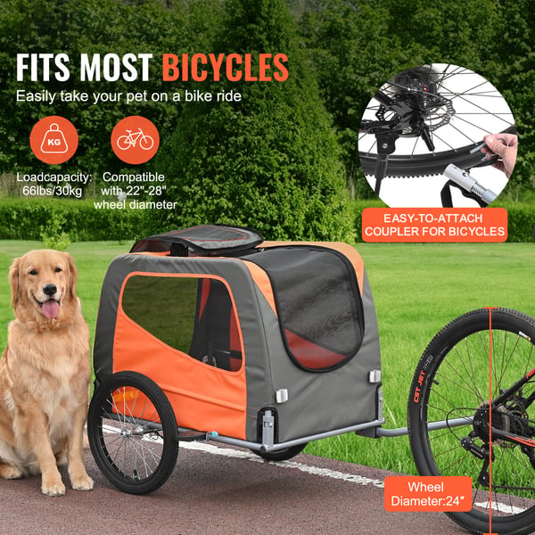 Hundecykeltrailer, 144x72x77,9 cm, orange/grå, sammenklappelig kæledyrstransportør