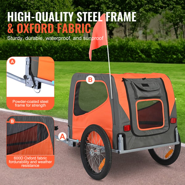 Hundecykeltrailer, 144x72x77,9 cm, orange/grå, sammenklappelig kæledyrstransportør