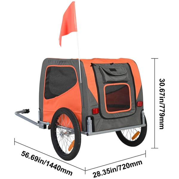 Hundecykeltrailer, 144x72x77,9 cm, orange/grå, sammenklappelig kæledyrstransportør