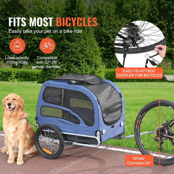 Hundecykeltrailer, 144x72,5x84,5 cm, Blå/Sort, Sammenklappelig kæledyrstransportør