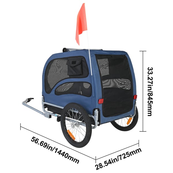Hundecykeltrailer, 144x72,5x84,5 cm, Blå/Sort, Sammenklappelig kæledyrstransportør