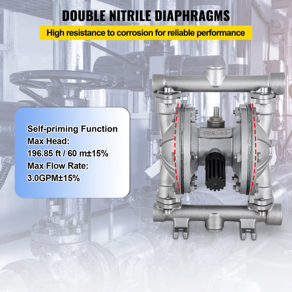 Dobbelt membranpumpe, 11.36 L/min, rustfrit stål, PTFE-membran