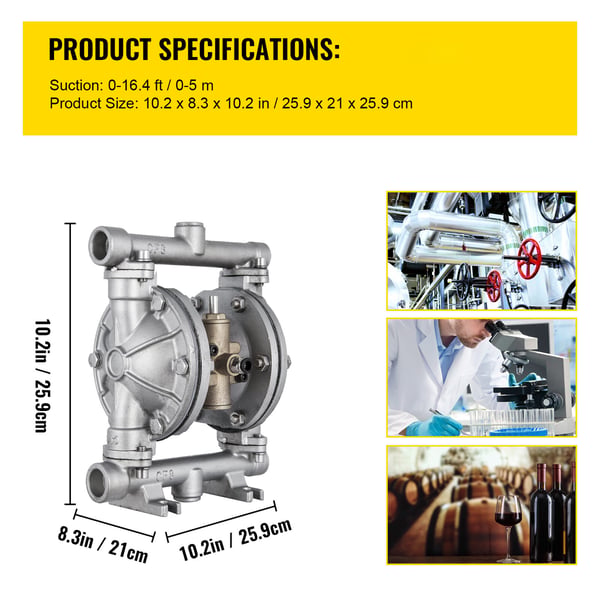 Dobbelt membranpumpe, 11.36 L/min, rustfrit stål, PTFE-membran