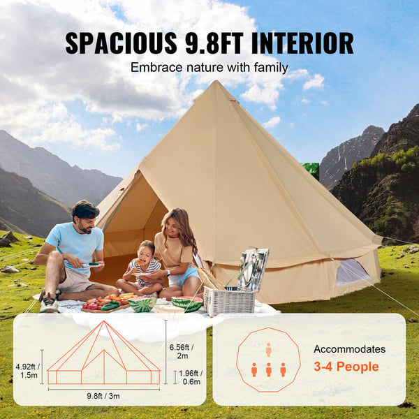 Bell telt, 3x3x2 m, beige, kanvas, campingtelt