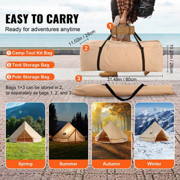 Bell telt, 3x3x2 m, beige, kanvas, campingtelt