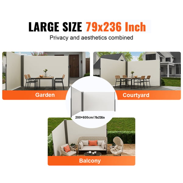 Utdragbar sidomarkis, 200x600 cm, Beige, Polyester, Vattentät