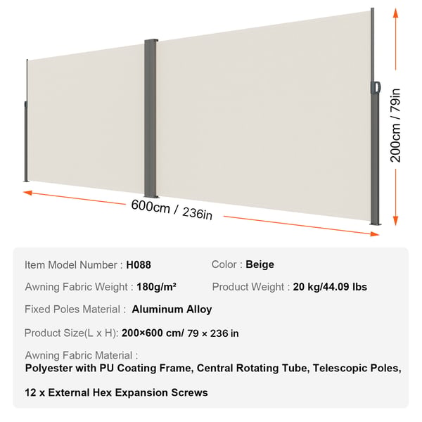Utdragbar sidomarkis, 200x600 cm, Beige, Polyester, Vattentät