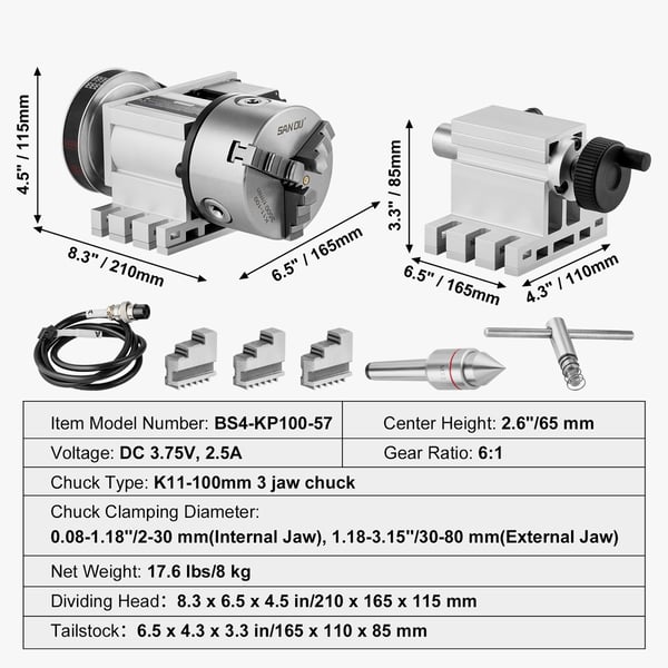 Drejehoved K11-100mm 3-bakke chuck 65x66 mm CNC fræse roterende akse aluminium