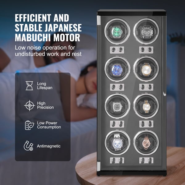 Kellonpyörittäjä, 8 kellolle, tiivis levy, musta PU, säilytys