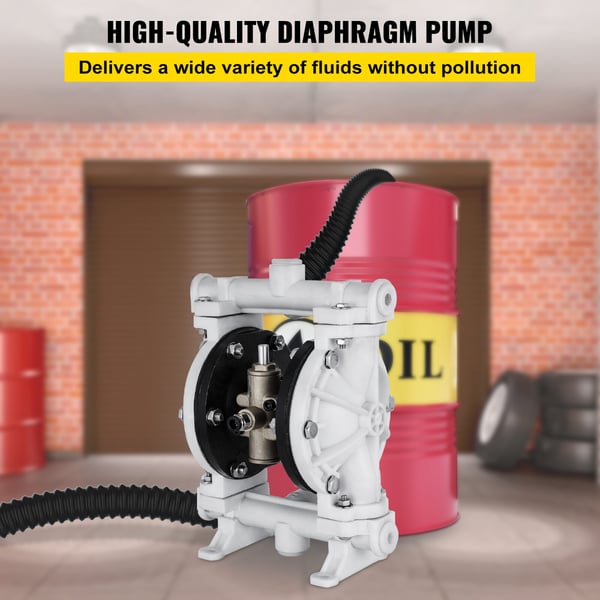 Dobbeltmembranpumpe, 9.46 L/min, polypropylen, PTFE-membran, pneumatisk
