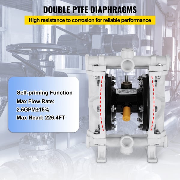 Dobbeltmembranpumpe, 9.46 L/min, polypropylen, PTFE-membran, pneumatisk