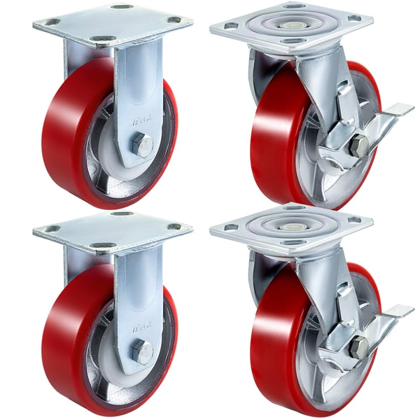 Hjul med lås, 15,24x5,08 cm, Polyuretan, Järnkärna, 4-pack
