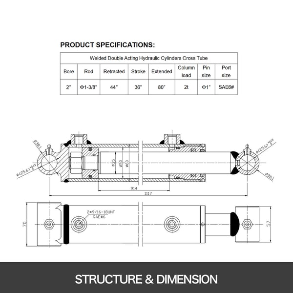 Hydraulisk cylinder, 5x91.4 cm, dobbeltvirkende, stål