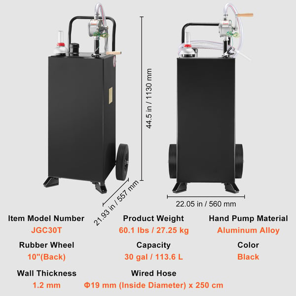 Brændstoftank, 30 liters brændstofvogn, 96x53x53 cm, sort, stål