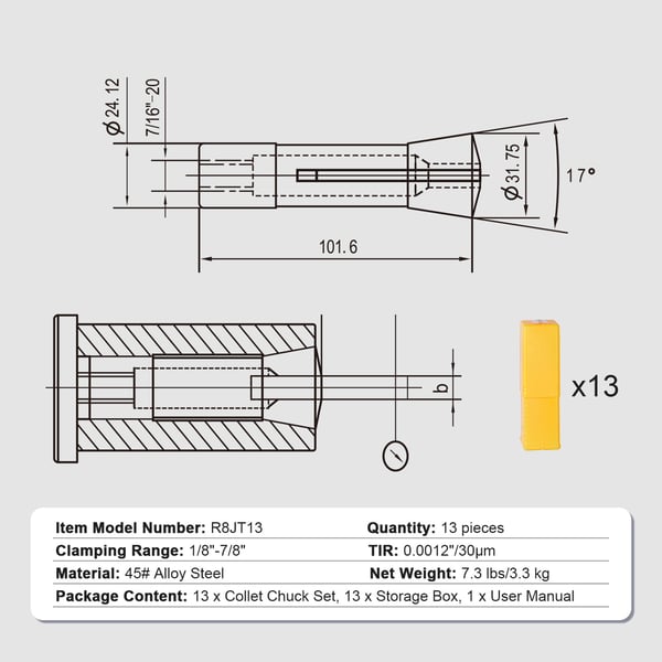 Collet-sarja, Tarkkuus R8 13-osainen, 32x103 mm, Säilytyslaatikko, Teräs