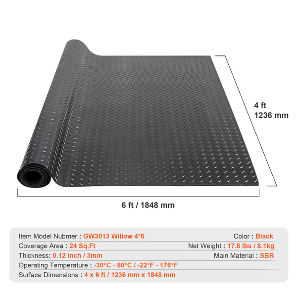 Gulvrulle i gummi, 3x121,9x182,9 cm, Sort, SBR-gummi