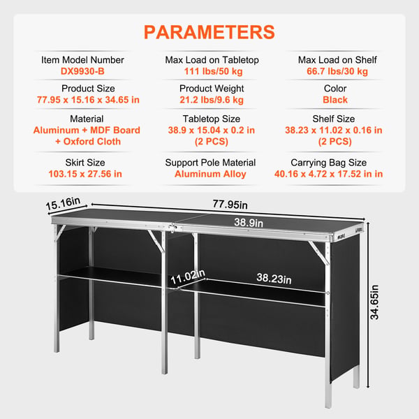Podiumbord, 198x38.5x88 cm, Sort, Sammenklappelig Opbevaring