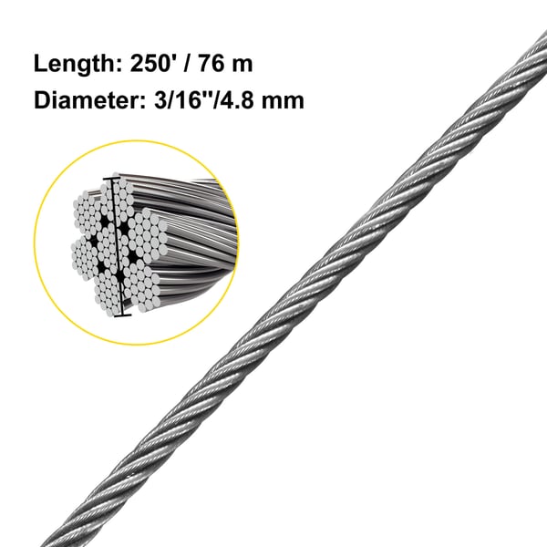 Stålwire, 304 rustfrit stål, 76 m, sølv, kabel