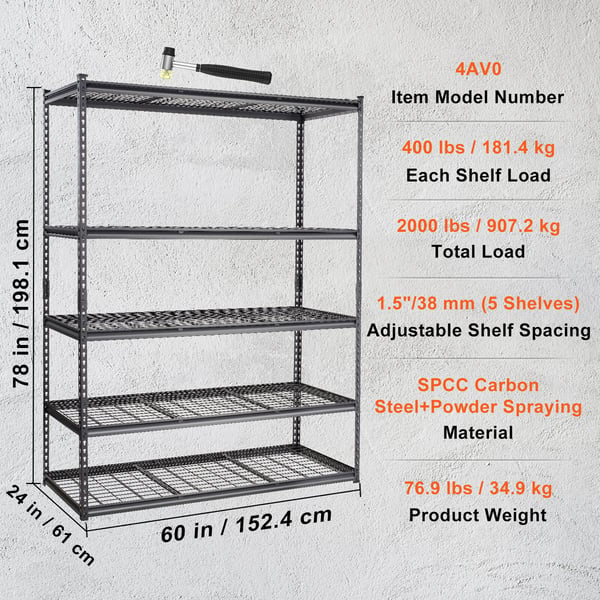 Opbevaringsreol, 152,4x61x198,1 cm, Sort, Justerbar Metal