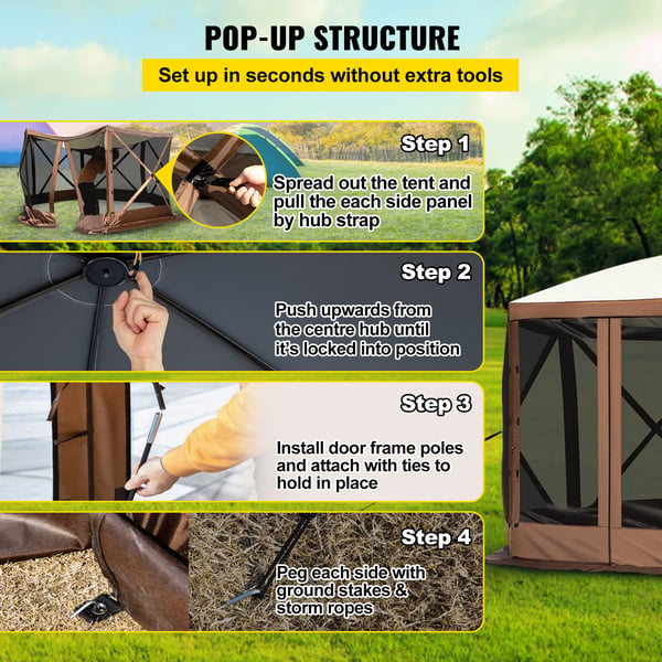 Havepavillon, 6-sidet pop-up telt med netvinduer, 305x305x229 cm, udendørs