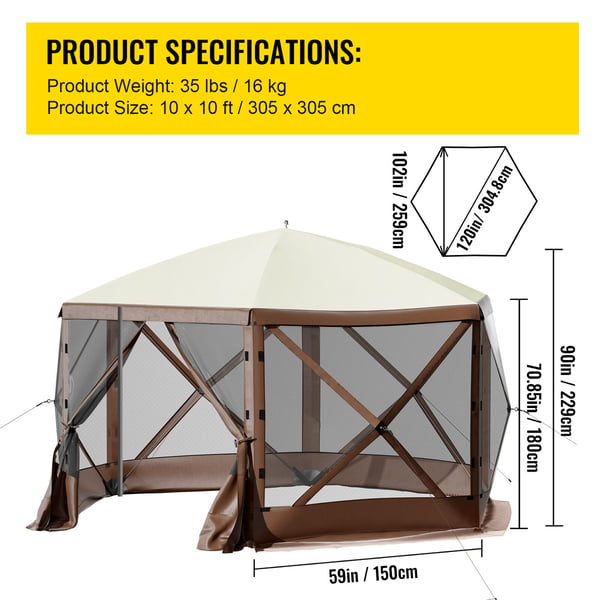 Havepavillon, 6-sidet pop-up telt med netvinduer, 305x305x229 cm, udendørs