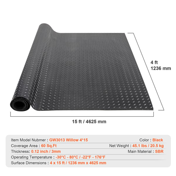 Gulvmåtte i gummi, 3x121,9x457,2 cm, Sort, Diamond Plate, SBR-gummi