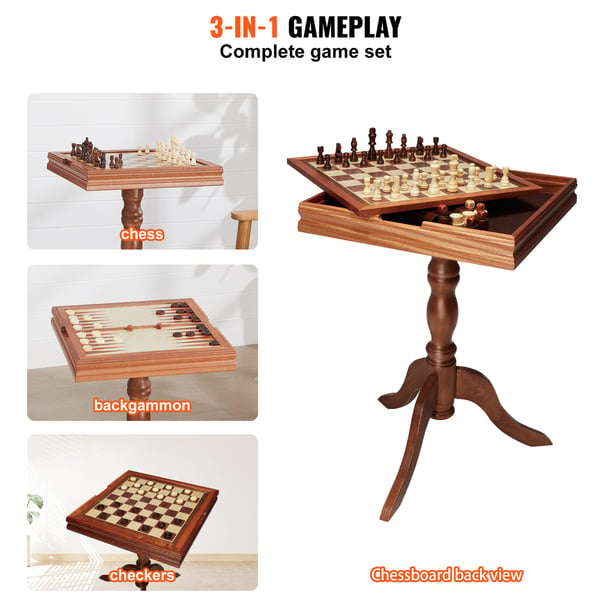 Spelbord, 3-i-1 Schack Dam Backgammon, 65x65x67,6 cm, Trä