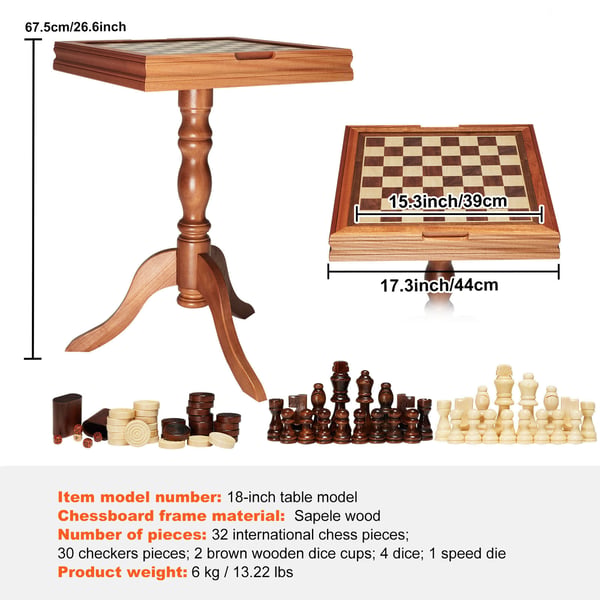 Spelbord, 3-i-1 Schack Dam Backgammon, 65x65x67,6 cm, Trä