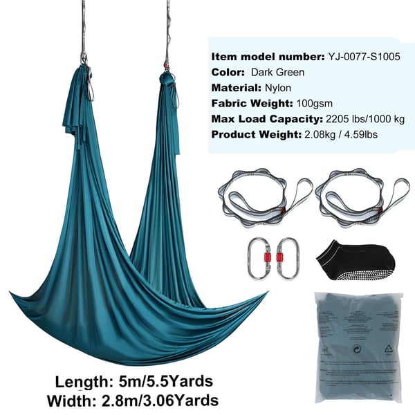 Aerial Yoga Hængekøje, 5x2,8 m, Grøn, Nylonstof