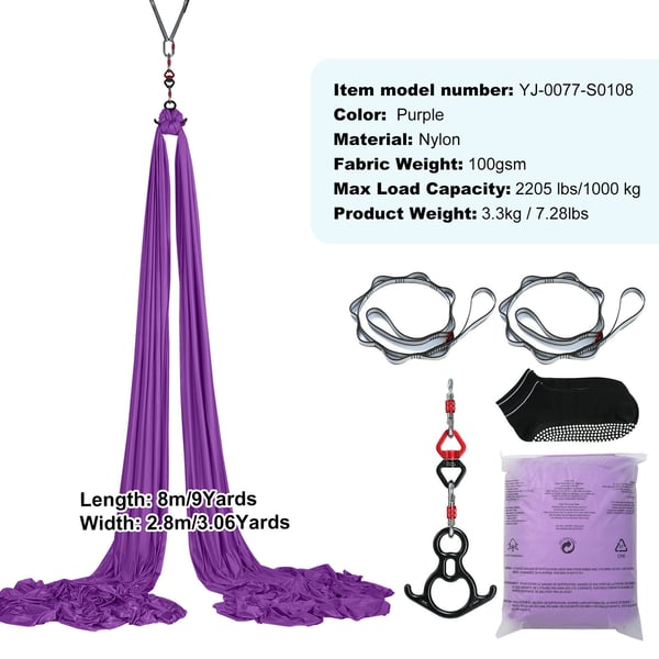 Aerial Yoga Hængekøje Sæt, 8x2,8 m, Lilla, Nylonstof