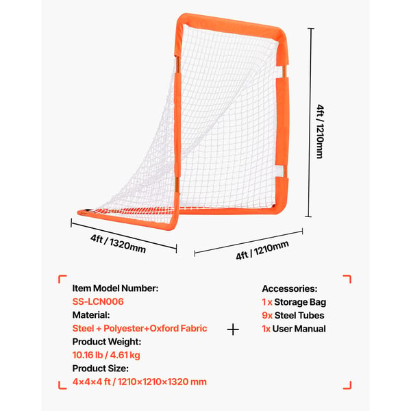 Lacrosse-maali, 128x125x131 cm, oranssi, taitettava rautarunko