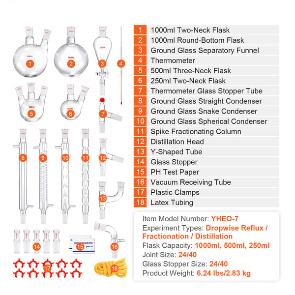 Destillationssats, 1000ml 32-delars glasset, laboratorieutrustning