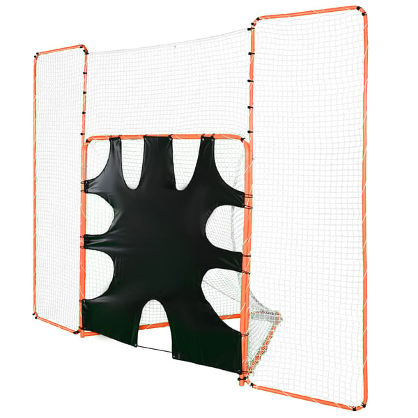 Lacrosse-maaliverkko taustaverkolla ja maalitaululla, 366x274 cm, oranssi, teräsrunko