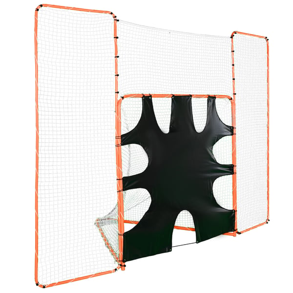 Lacrosse-maaliverkko taustaverkolla ja maalitaululla, 366x274 cm, oranssi, teräsrunko
