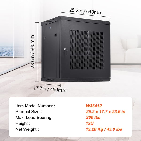 Serverkabinet, 12U vægmonteret, 64x45x60 cm, sort, kabinet