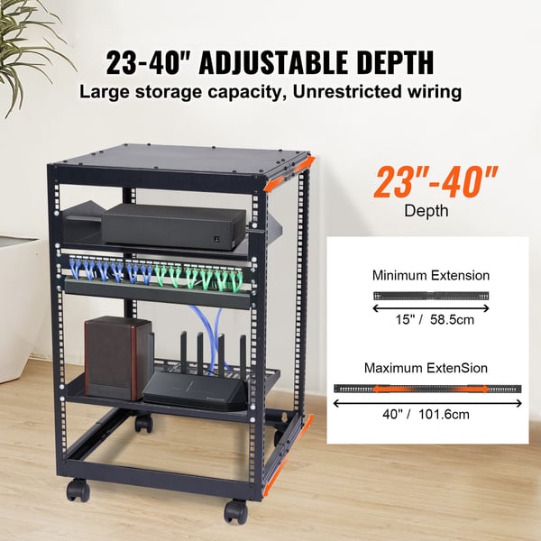Server Rack, 15U Åben Ramme, 58,5x101,6 cm Justerbar Dybde, Sort, Metal