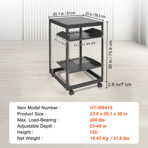 Server Rack, 15U Åben Ramme, 58,5x101,6 cm Justerbar Dybde, Sort, Metal