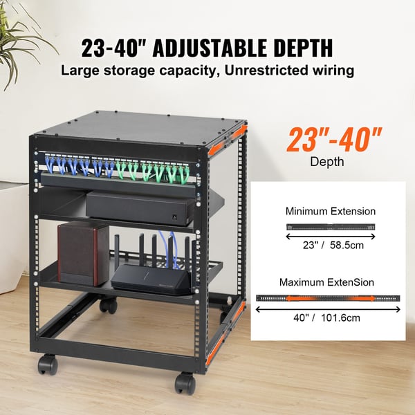 Server Rack, 12U åbent stel, 58,5x51x62,6 cm, sort, justerbar dybde, stål
