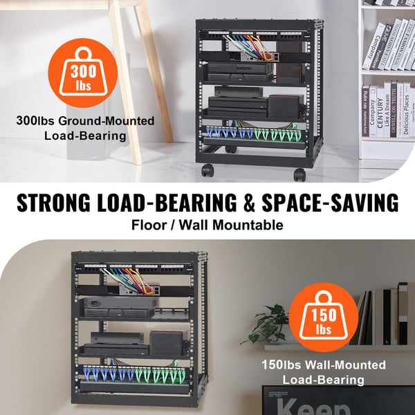 Server Rack, 12U åbent stel, 58,5x51x62,6 cm, sort, justerbar dybde, stål