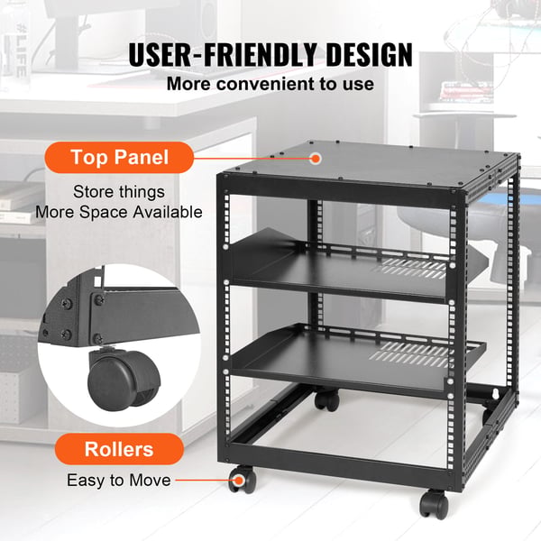 Server Rack, 12U åbent stel, 58,5x51x62,6 cm, sort, justerbar dybde, stål