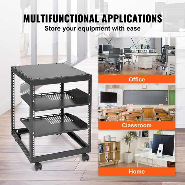 Server Rack, 12U åbent stel, 58,5x51x62,6 cm, sort, justerbar dybde, stål