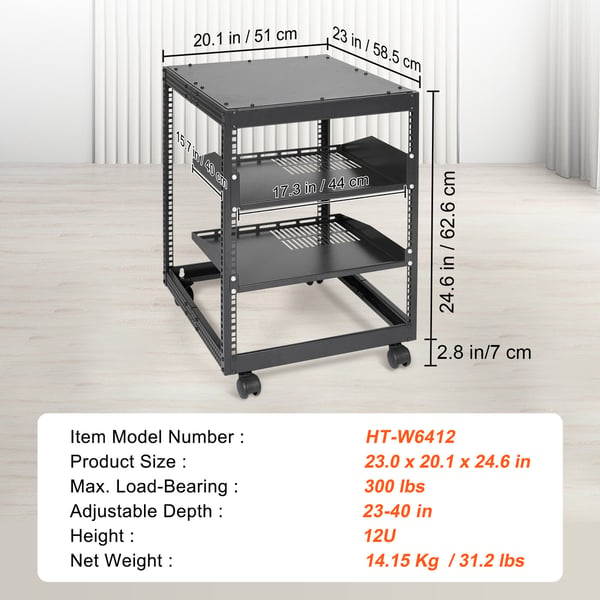 Server Rack, 12U åbent stel, 58,5x51x62,6 cm, sort, justerbar dybde, stål
