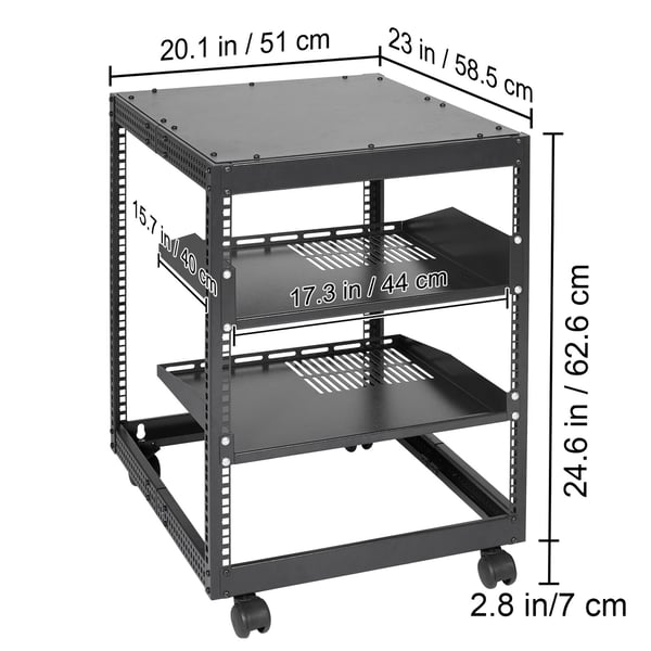 Server Rack, 12U åbent stel, 58,5x51x62,6 cm, sort, justerbar dybde, stål