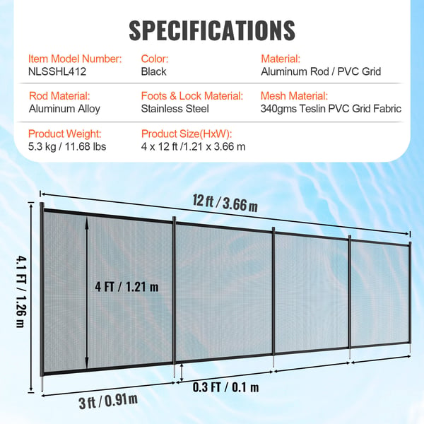 Uima-altaan aita, 1,2x3,7 m, musta, irrotettava Teslin PVC-verkko