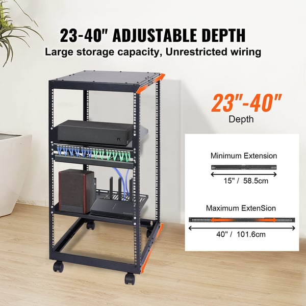 Server Rack, 20U Åben Ramme, 58,5x101,6 cm, Sort, Justerbar Dybde