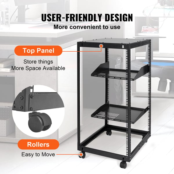 Server Rack, 20U Åben Ramme, 58,5x101,6 cm, Sort, Justerbar Dybde
